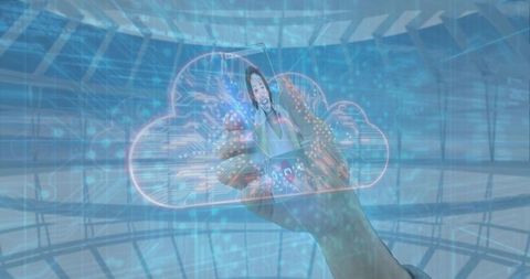 Holographic interface with virtual assistant in futuristic hall