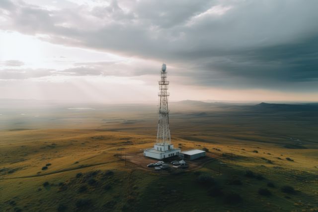 A solitary communication tower stands in an expansive, open grassland under a dramatic, cloudy sky illuminated by the rays of the rising sun. The scenery highlights rural infrastructure, offering a sense of isolation and vastness. This image is ideal for illustrating topics related to telecommunications, technology in remote areas, rural development, and the beauty of untouched landscapes.