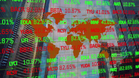 Dynamic World Map with Financial Data Overlay on Cityscape