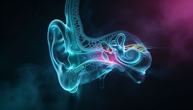 Translucent 3d ear cutaway showing cochlea and ossicles in neon holographic medical render