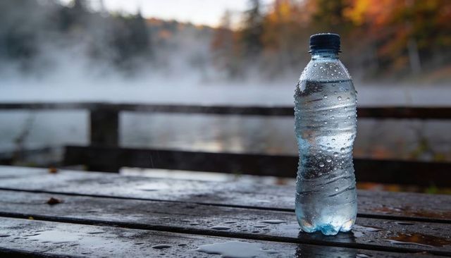 Condensation-covered water bottle on wet picnic table by misty autumn lake