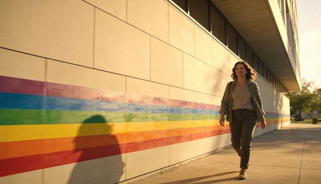 Smiling woman walking past rainbow mural, casting long shadow on urban wall at golden hour