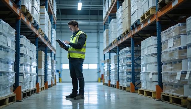 Warehouse worker checking tablet in central aisle of modern distribution center
