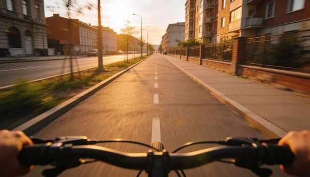 Cyclist riding through golden hour urban bike lane gripping handlebars first-person motion