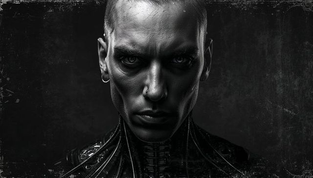 Monochrome cybernetic headshot with high-collar metallic neckpiece and piercing stare