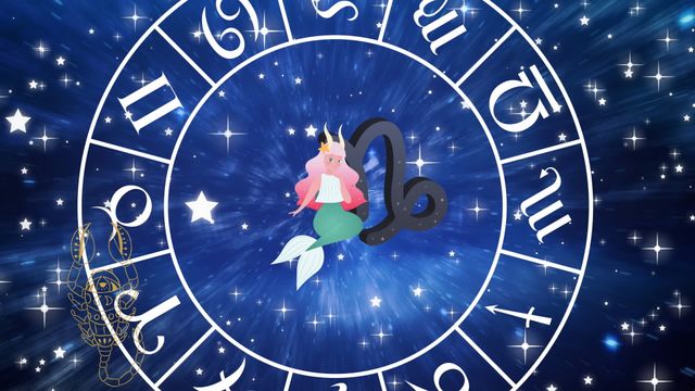 Colorful illustration of Pisces symbol at the center of a zodiac wheel on a starry night sky. Perfect for creating astrology content, zodiac-themed projects, or celestial fantasy designs. Utilized in horoscopes, astrological readings, and spiritual or mystical website graphics.