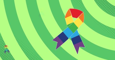 Rainbow ribbon on green striped background for lgbtq pride