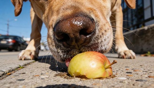 Sniffing dog nuzzling bitten apple on sidewalk closeup wet nose droplets and saliva