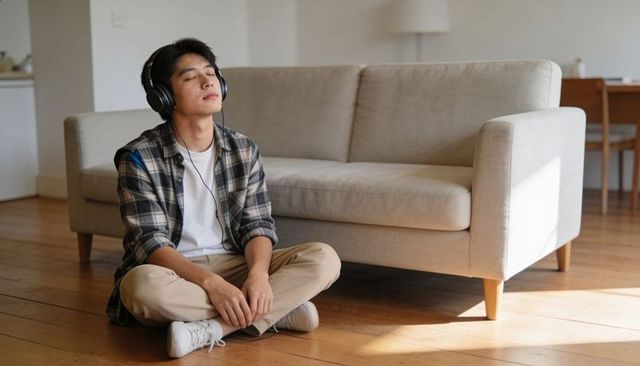 Young man listening to music with headphones sitting on wooden floor beside beige sofa