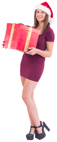 Joyful Woman in Santa Hat Holding Large Red Gift Box Transparent