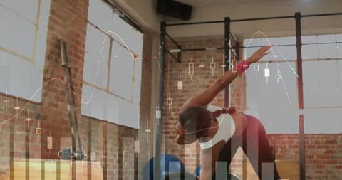 Female Athlete Stretching in Urban Gym with Financial Chart Overlay for Wellness Brands