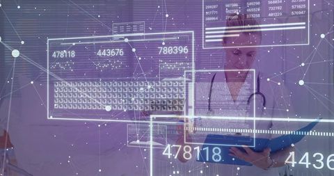 Doctor reading blue folder amid holographic health dashboards and digital HUD interfaces