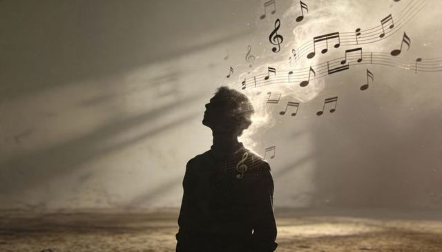 Silhouetted musician releasing floating musical notes in backlit moody minimalist scene