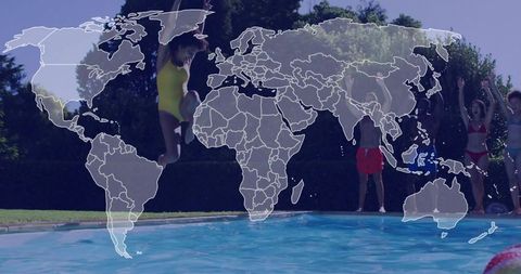 Vibrant Outdoor Pool Jump with World Map Overlay