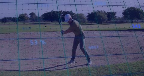 Senior golfer practicing bunker shot with analytical grid overlay