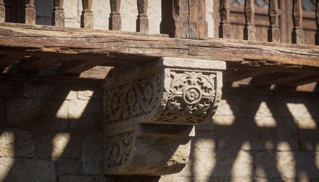 Carved stone corbel supporting weathered timber balcony casting turned baluster shadows