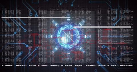 Holographic cyber network dashboard pulsing blue with red security alerts and data columns