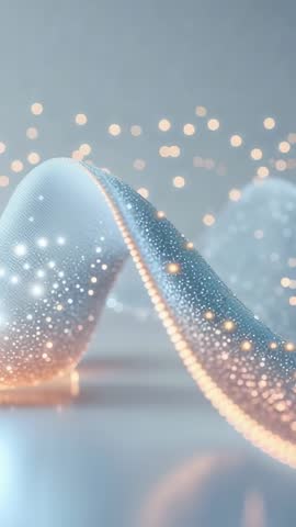 Rippling Luminous Ribbon Mesh with Pulsing Particles and Bokeh Futuristic Vertical Loop