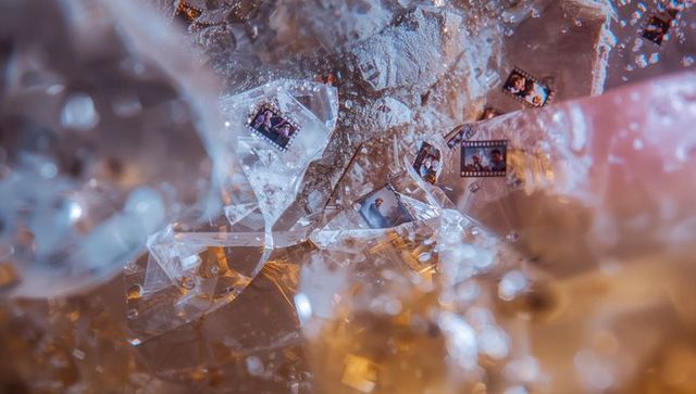 Crystalline film shards displaying miniature portrait frames through translucent refraction