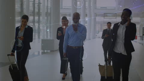 Diverse Business Professionals in Office Corridor with Digital Overlays