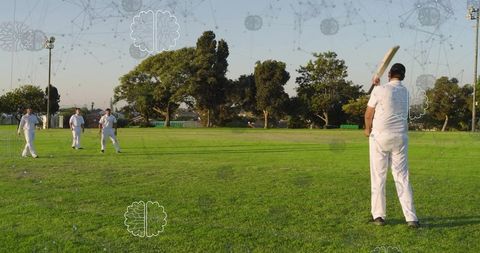 Batsman swinging and raising bat in park at golden hour with neural overlay