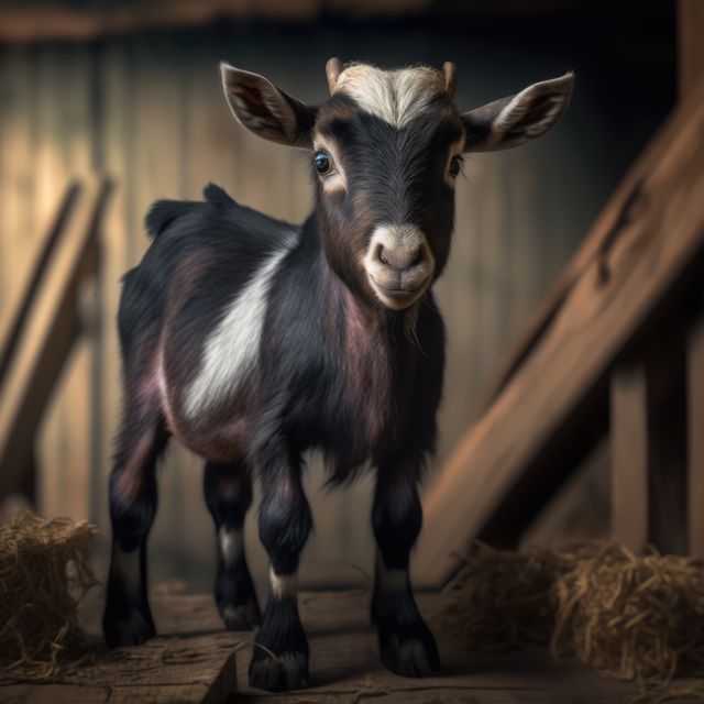 Close up of cute pygmy goat in barn, created using generative ai technology. Animal, nature, beauty in nature and wildlife concept digitally generated image.