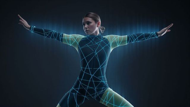 Futuristic performer posing in cyan-lit grid bodysuit with glowing digital lines