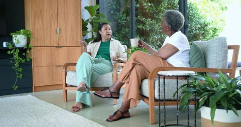 African american senior friends chatting over coffee in sunlit modern living room with plants