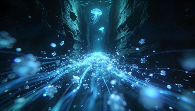 Bioluminescent jellyfish drifting through deep canyon with glowing plume and marine snow