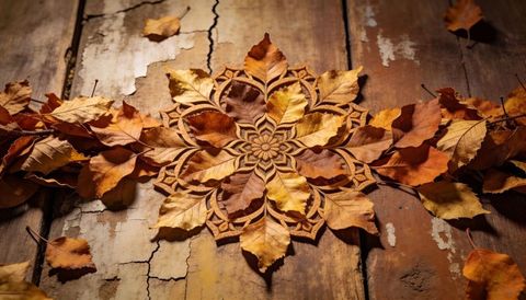 Autumn Leaf Mandala on Rustic Wood Planks with Warm Light and Carved Floral Trivet Centerpiece