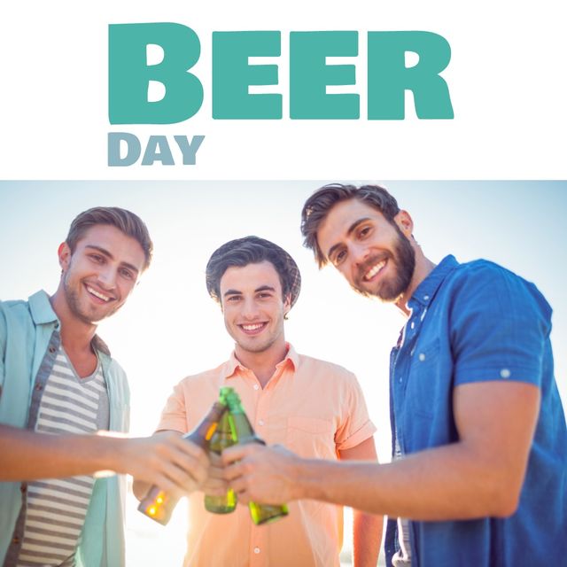 Digital composite image of beer day text over happy caucasian male friends toasting bottles. friendship, bonding, alcoholic beverage and celebration event concept.
