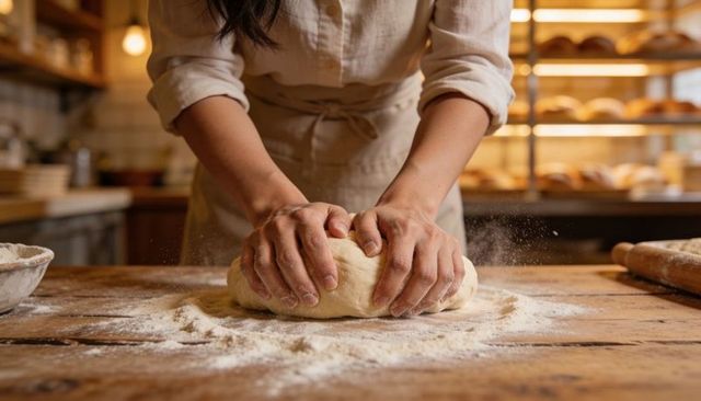 Artisan baker kneading dough on floured wooden counter with rustic bread loaves