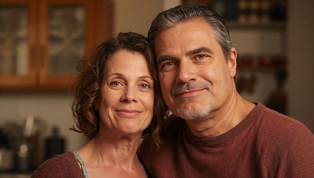 Middle-aged couple smiling in cozy kitchen portrait, warm ambient lighting, intimate togetherness