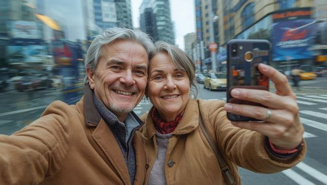 Smiling senior couple taking selfie on busy urban crosswalk with yellow taxis and billboards