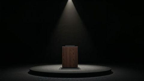 Press release dramatic spotlight on wood podium in empty dark stage