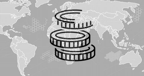 Stacked Coins with Global Map Background Symbolizing Worldwide Economy