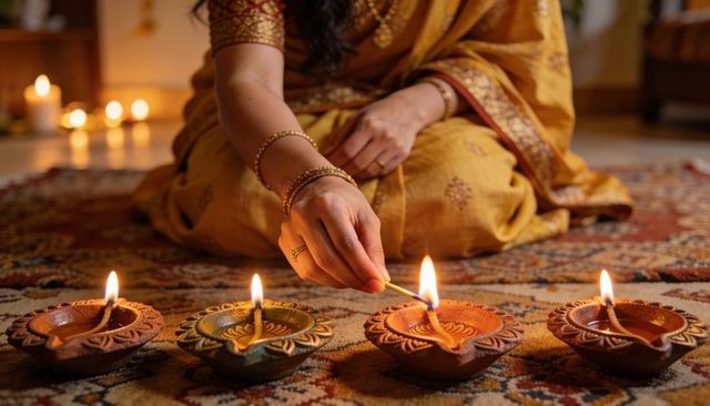 Indian woman lighting traditional clay diyas wearing gold sari and bangles for diwali