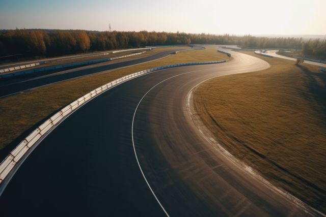 Aerial view of empty car race track, created using generative ai technology. Car racing, sports and competition concept digitally generated image.