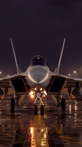 Fighter Jet on Runway Centerline at Night with Engine Glow and Heat Haze Vertical Video