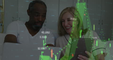 Diverse Couple Engaging with Financial Data Technology at Home