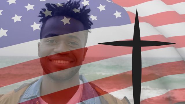 Conceptual portrayal of a smiling man combined with elements of American national pride and Christian faith. Striking overlay of national flag and religious symbols on natural background, embodying themes of diversity and spiritual identity. This can be used in articles or promotions related to patriotism, religious faith, multiculturalism, or personal reflection in spiritual and national contexts.