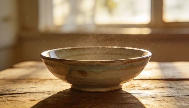 Handmade glazed ceramic bowl on rustic wooden table with backlit sunlight casting dust halo