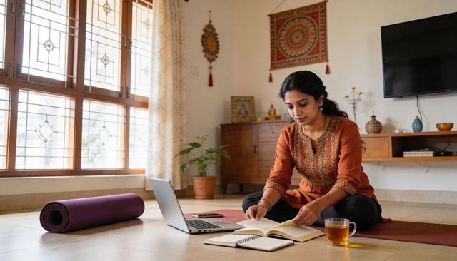 Indian woman studying at home with laptop and notes on living room floor, tea nearby