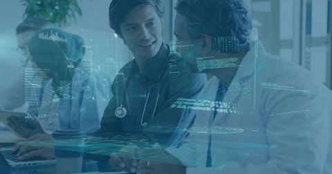Clinicians collaborating over digital health analytics, ai visualization and clinical data