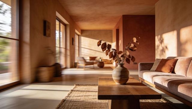 Sunlit terracotta living room featuring ceramic vase holding dried leaves on wooden table