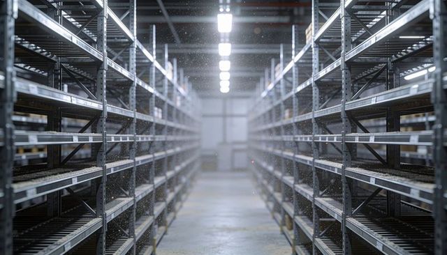 Empty industrial warehouse aisle showing symmetrical galvanized racks, leading lines, dust