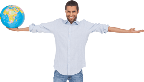 Smiling Man Holding Globe with Outstretched Arm on Transparent Background