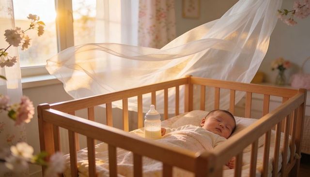 Sunlit nursery with sleeping swaddled baby in wooden crib and bottle nearby