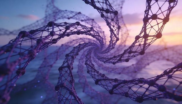 Spiraling mesh vortex over sunset seascape with glossy droplets and luminous bokeh