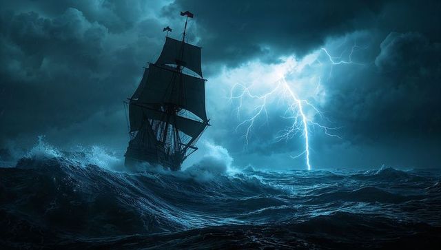 Majestic ship facing fierce ocean storm with lightning